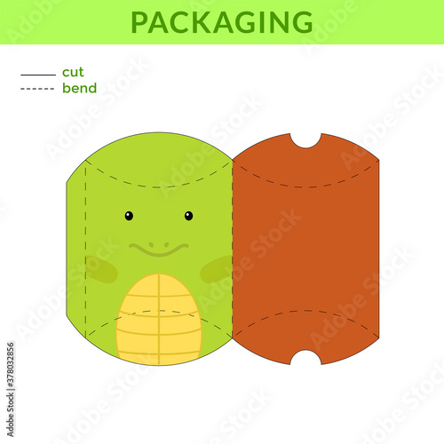 Adorable DIY party favor box for birthdays, baby showers with turtle for sweets, candies, small presents, bakery. Retail box blueprint template. Print, cutout, fold, glue. Vector stock illustration