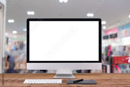laptop monitor digital pc desk Mockup Blank screen computer desktop with keyboard in cafe & restaurant or co-working