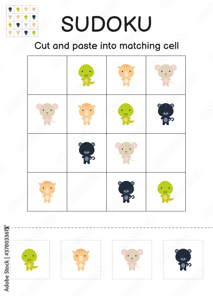 Sudoku game for children with pictures. Kids activity sheet. Matching game for children with cute cartoon animals. Education developing worksheet. Logical thinking training. Vector stock illustration. Sudoku game for children with pictures. Kids activity sheet. Matching game for children with cute cartoon animals. Education developing worksheet. Logical thinking training. Vector stock illustration.