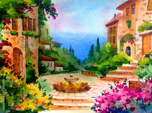 Watercolor colorful bright textured abstract background handmade . Mediterranean landscape . Painting of architecture and vegetation of the sea coast   made in the technique of watercolors from nature