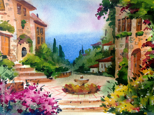 Fototapeta Naklejka Na Ścianę i Meble -  Watercolor colorful bright textured abstract background handmade . Mediterranean landscape . Painting of architecture and vegetation of the sea coast , made in the technique of watercolors from nature