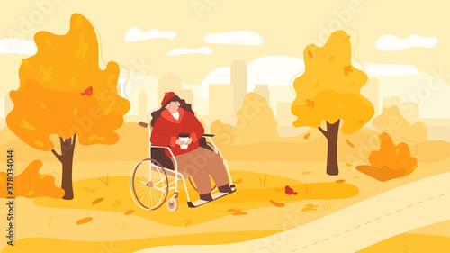 Happy young woman sitting in the wheelchair. Disabled girl walking in the park  drink coffee and enjoy life. Autumn nature. Concept of inclusion. Vector illustration.