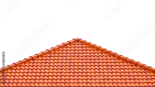 Slope angle view of orange tiles roof on isolated white background photo