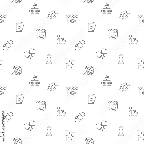 Seamless pattern with hobby and free time icon on white background. Included the icons as activities, sport, art, gaming, music, traveling, watching movies And Other Elements. 