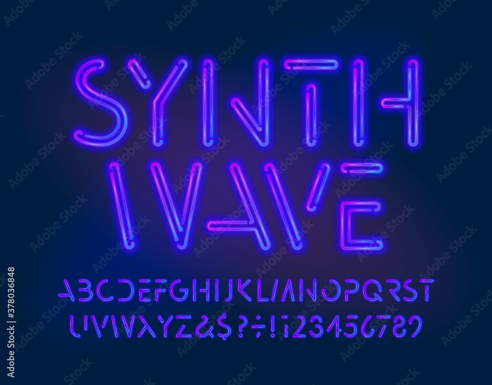 Synthwave alphabet font. Neon letters, numbers and symbols. Futuristic vector typeface for your typography design.