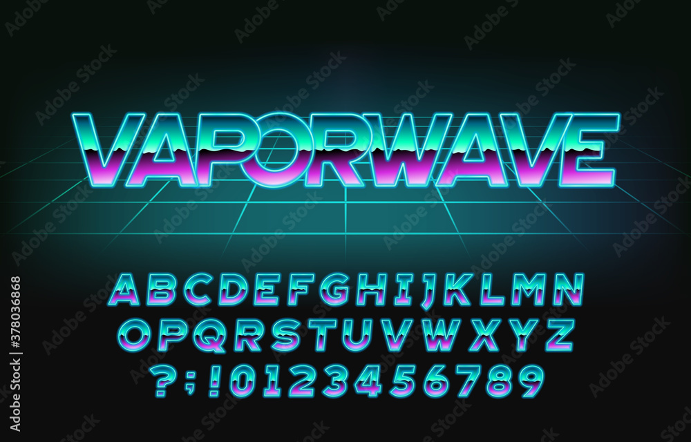 Vecteur Stock Vaporwave alphabet font. Retro letters, numbers and symbols  in 80s style. Retro-futuristic vector typeface for your typography design.  | Adobe Stock