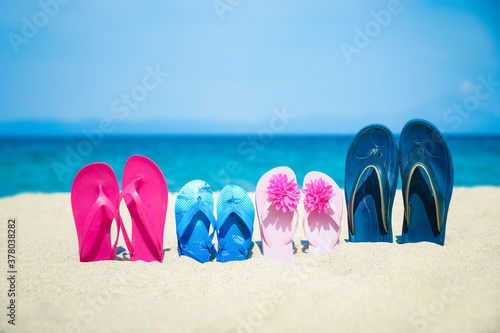 beautiful slippers in the sand by the sea greece on nature background