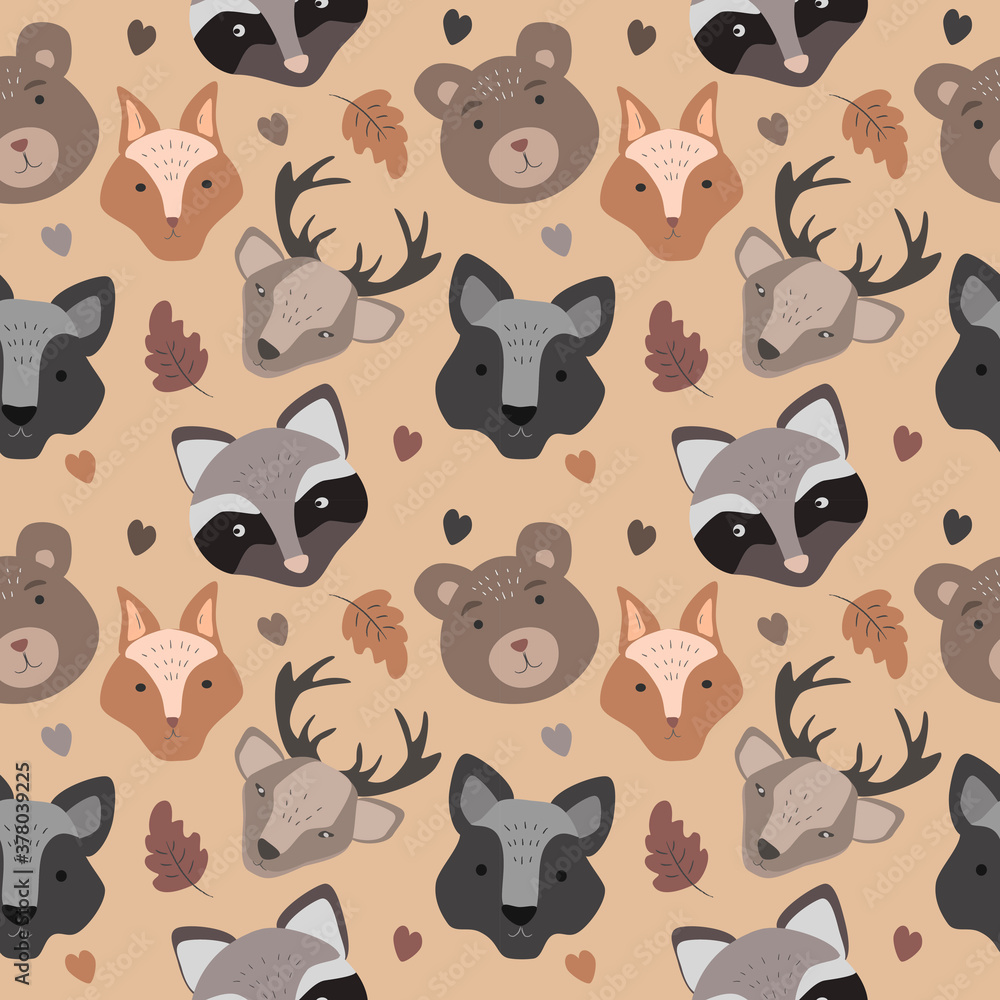 seamless pattern with cute animals and oak leaves 