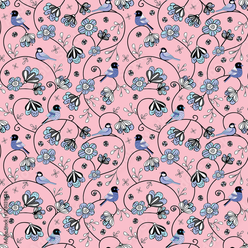 Vector flowers and birds seamless pattern print background.