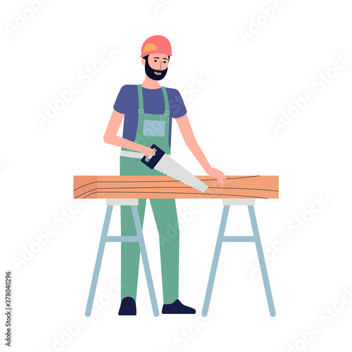 Builder or repairman character sawing boards flat vector illustration isolated.