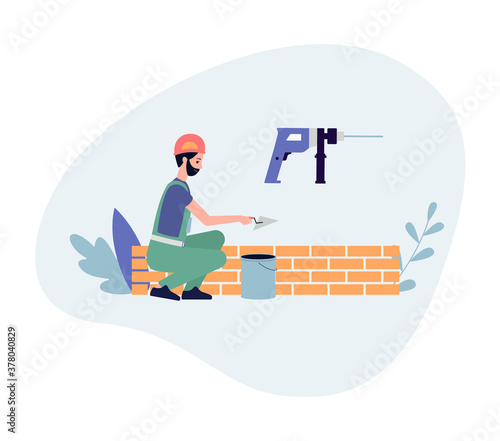 Construction and masonry works with bricklayer flat vector illustration isolated.