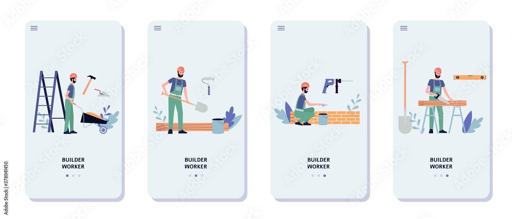Set of mobile pages for construction works with builder flat vector illustration.