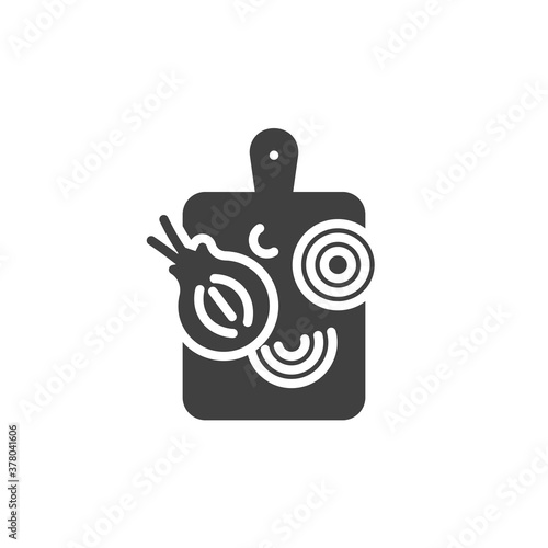 Onion cut vector icon. filled flat sign for mobile concept and web design. Cutting board with onions glyph icon. Symbol, logo illustration. Vector graphics