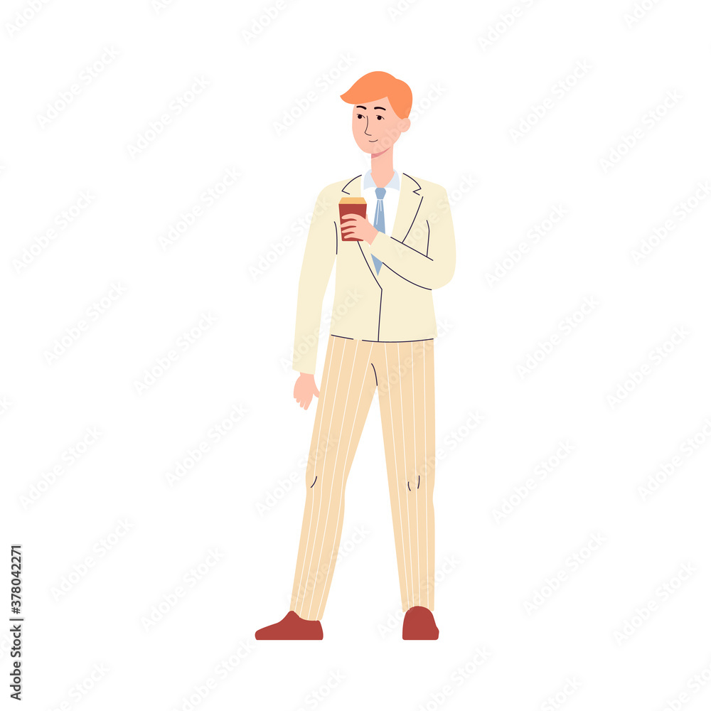 Businessman with disposable coffee cup flat vector illustration isolated.
