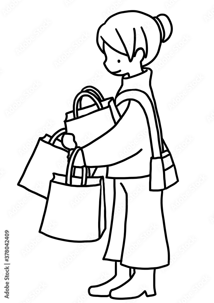 ショッピング・セールでたくさんの買い物をして、満足な表情をした女性の手描き線画イラスト ショッピング・セールでたくさんの買い物をして、満足な表情をした女性の手描き線画イラスト