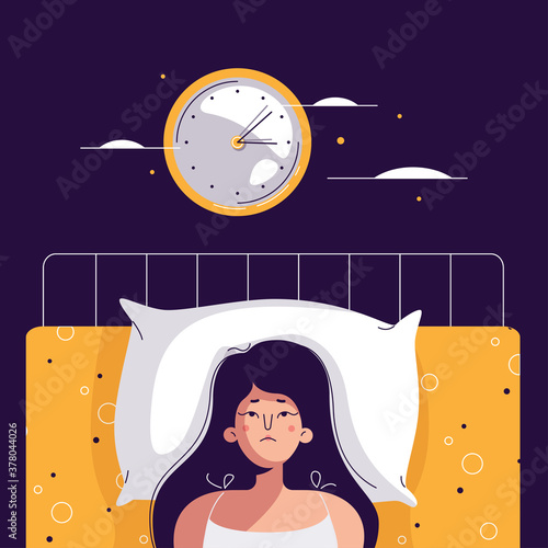 Insomnia woman. Unhappy, sad, tired girl lying in bed, trying to fall asleep. Female character suffers from insomnia. Sleep disorder, sleeplessness concept. Vector illustration in flat cartoon design