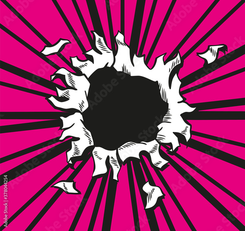 Comic book hole. Vector paper is torn through boom explosion. Circle hole in the middle on pink background. Comics style cover template or flyer wallpaper