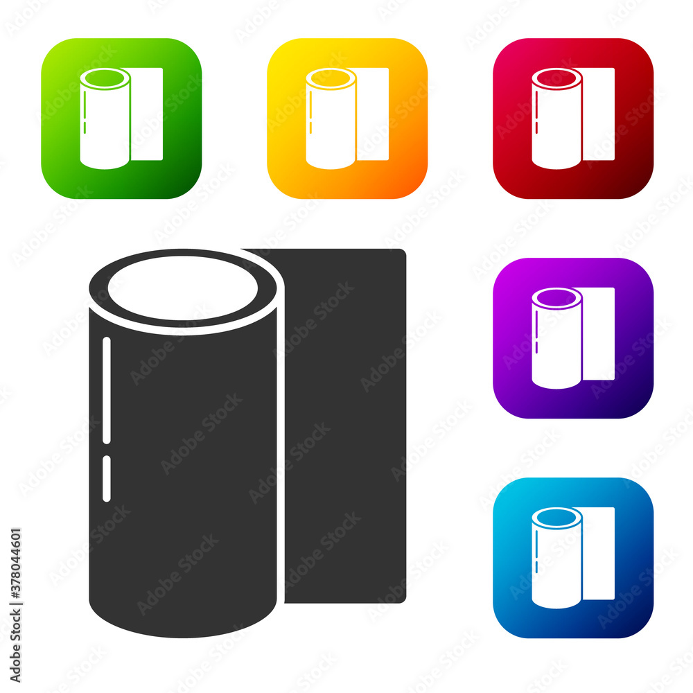 Black Fitness mat roll icon isolated on white background. Yoga mat rolled. Sport equipment. Set icons in color square buttons. Vector Illustration. Black Fitness mat roll icon isolated on white background. Yoga mat rolled. Sport equipment. Set icons in color square buttons. Vector Illustration.