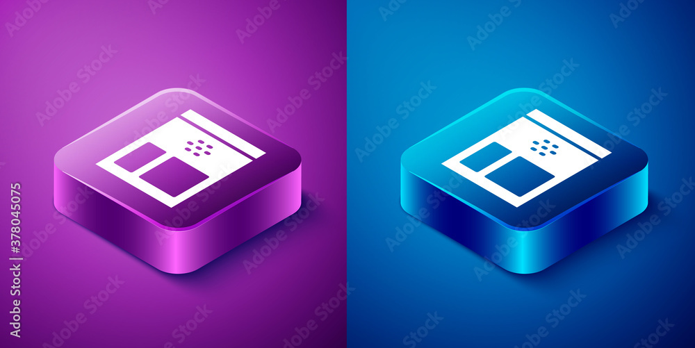 Isometric Bag of coffee beans icon isolated on blue and purple background. Square button. Vector Illustration. Isometric Bag of coffee beans icon isolated on blue and purple background. Square button. Vector Illustration.