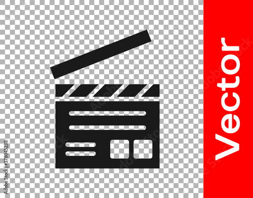 Black Movie clapper icon isolated on transparent background. Film clapper board. Clapperboard sign. Cinema production or media industry. Vector Illustration.