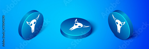 Isometric Buffalo skull icon isolated on blue background. Blue circle button. Vector Illustration.
