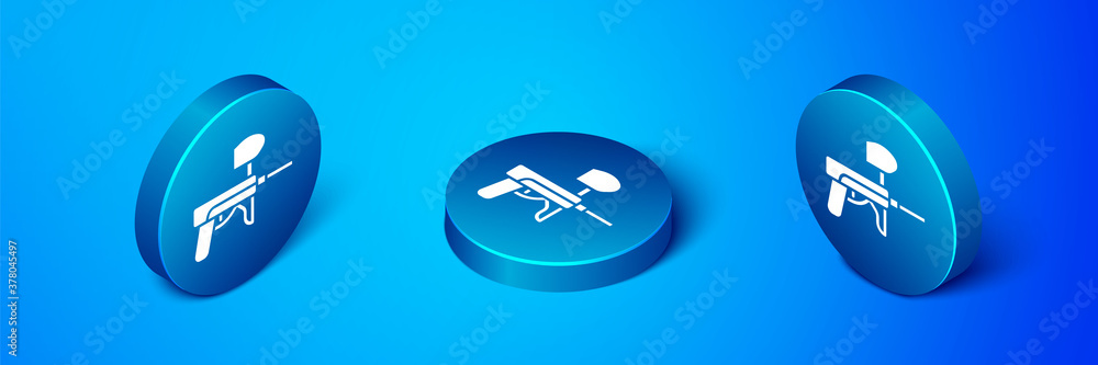 Isometric Paintball gun icon isolated on blue background. Blue circle button. Vector Illustration. Isometric Paintball gun icon isolated on blue background. Blue circle button. Vector Illustration.
