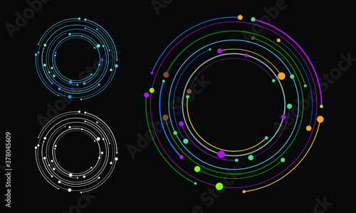 Color circles with dots as background. Abstract futuristic technology logo or icon.