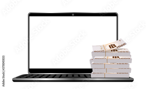 pile money 1000 baht banknote thai on notebook computer, bank note paper money thai THB front of laptop, online shopping concept, stack money on notebook white screen, business finance idea copy space