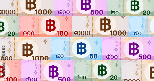banknote money thai baht pattern for background, money 1000, 500, 100, 50, 20 baht flat style in top view, thai currency THB for wallpaper, paper money for banner background, business finance concept