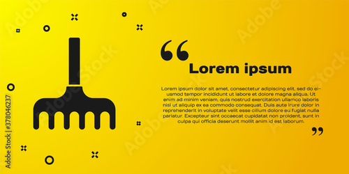 Black Garden rake icon isolated on yellow background. Tool for horticulture, agriculture, farming. Ground cultivator. Vector Illustration.