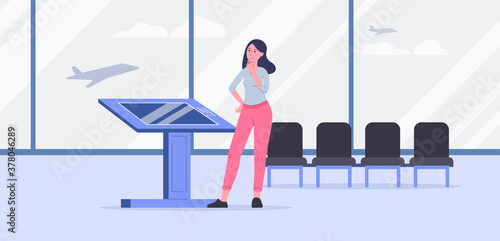 Woman faces electronic interactive kiosk in airport, flat vector illustration.