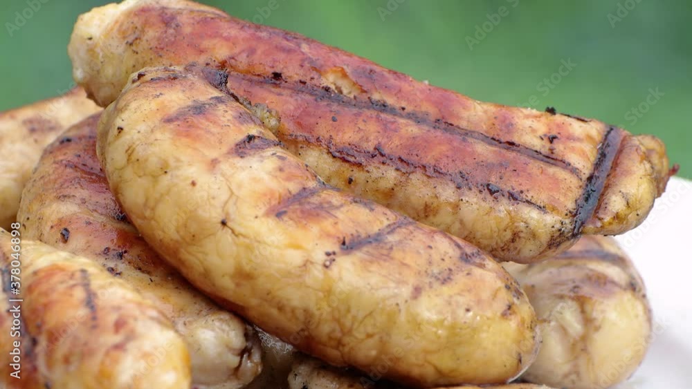 Fried sausages are on a white plate. Ready-to-eat dish. Fried and covered with a brown crust. There is a light white smoke. There is a green background in defocusing behind. Fried sausages are on a white plate. Ready-to-eat dish. Fried and covered with a brown crust. There is a light white smoke. There is a green background in defocusing behind.