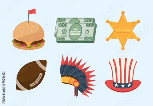 United states of america culture set. Juicy burger with red flag packs100 dollar bills golden sheriffs star rugby ball Indian feather headdress striped top hat stars fun free tourism. Cartoon vector