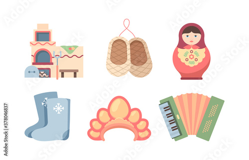 Welcome to USSR set. Ethnic birch bark rounders russian village oven with tacks painted nesting doll felt boots womans headdress green accordion journey through soviet regime. Cartoon vector design.