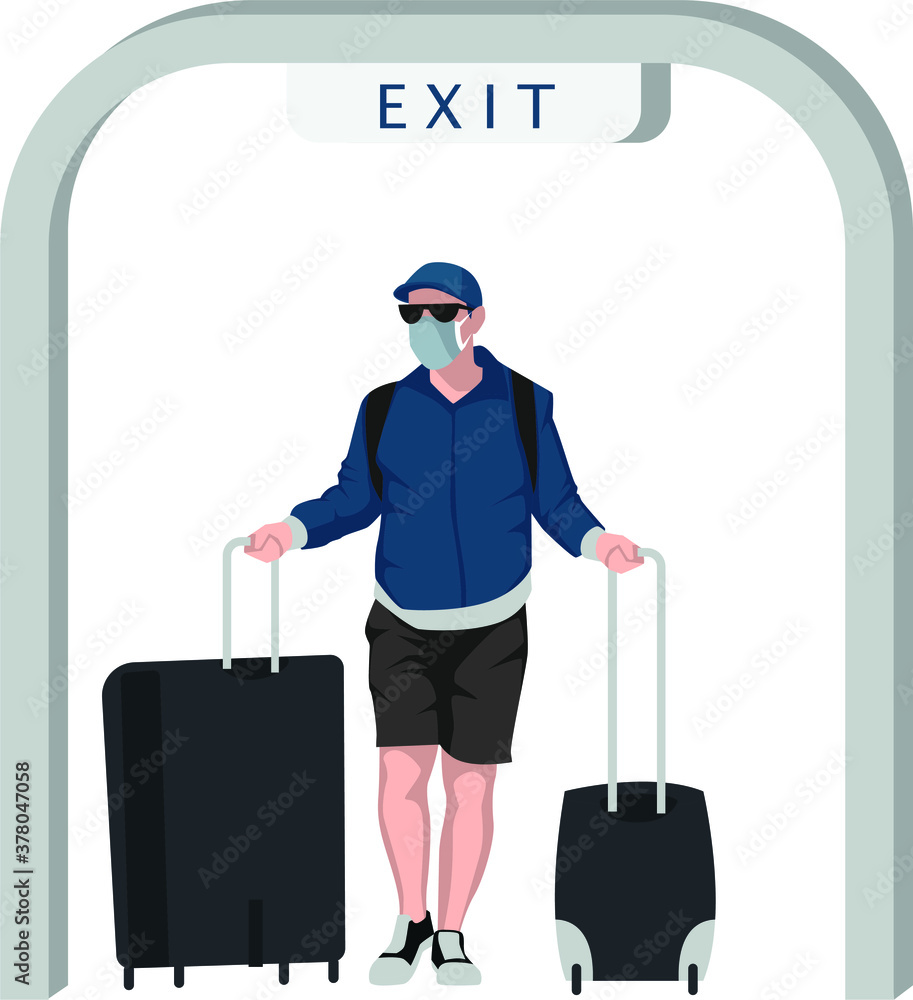 Illustration of a man walking out from an airport after landing Illustration of a man walking out from an airport after landing