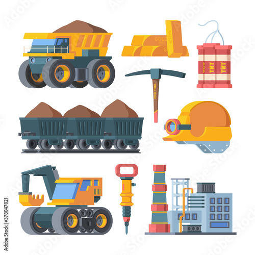Quarry mine equipment set. Smelted gold ingots block TNT explosive excavator mining and ore processing plant charges powerful column trolleys filled with soil rock industry quarry. Vector industrial.