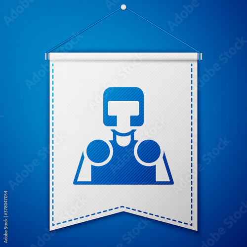 Blue Medieval knight icon isolated on blue background. White pennant template. Vector.