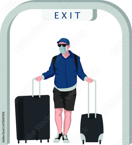 Illustration of a man walking out from an airport after landing