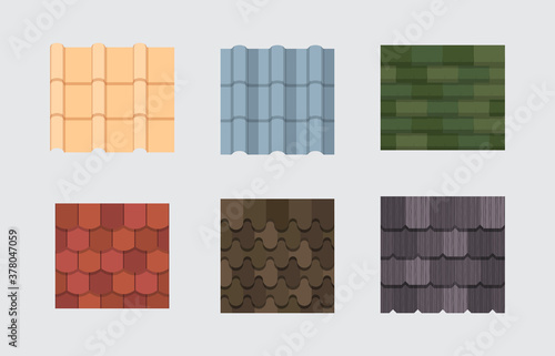 Roof tile set. Embossed roof covering with architectural overlap oval rectangular plates in green and red ceramic decoration protective coating terracotta waterproof surface. Vector design.