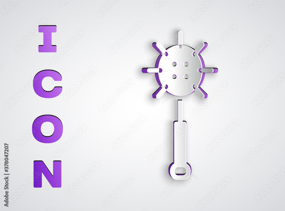Paper cut Medieval chained mace ball icon isolated on grey background. Medieval weapon. Paper art style. Vector. Paper cut Medieval chained mace ball icon isolated on grey background. Medieval weapon. Paper art style. Vector.