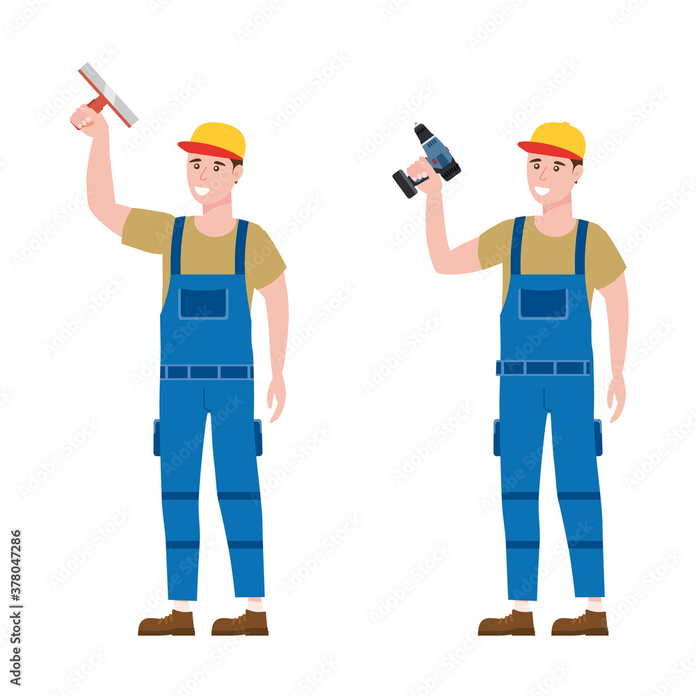 Set Construction workers with cordless screwdriver, plastering trowel tools in workwear Set Construction workers with cordless screwdriver, plastering trowel tools in workwear