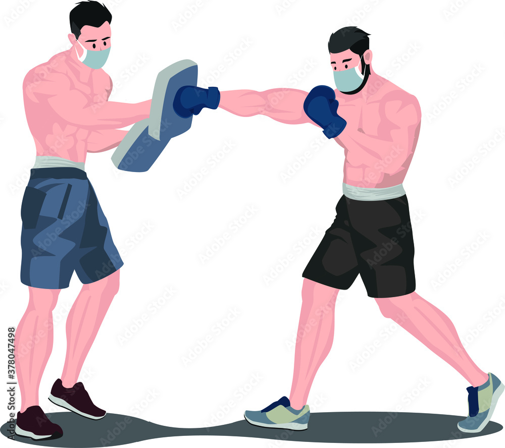 Boxing tutor teaching his client how to punch the target illustrator Boxing tutor teaching his client how to punch the target illustrator