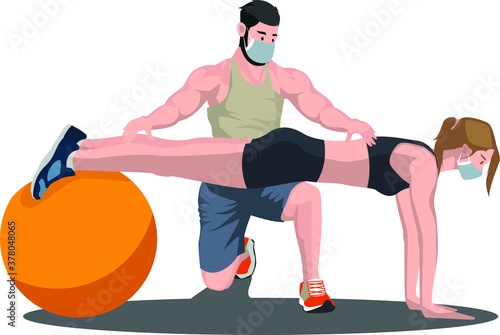 Gym tutor teaching his client how to do stabilization on the stability ball illustration