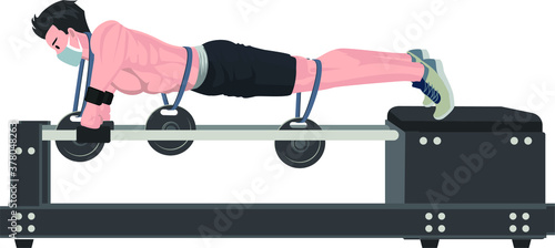 A man holding a weights while doing push up at gym illustration