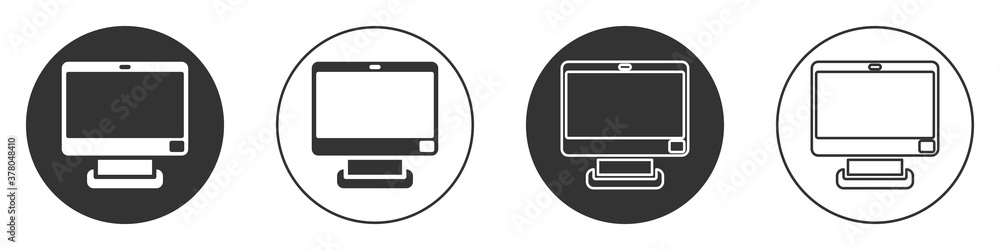 Black Computer monitor screen icon isolated on white background. Electronic device. Front view. Circle button. Vector. Black Computer monitor screen icon isolated on white background. Electronic device. Front view. Circle button. Vector.