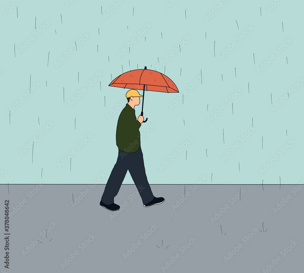 Man with Umbrella walking on street under the Rain in city during coronavirus covid-19 pandemic.Stay safe.Autumn fall weather season, rainy day. Man with Umbrella walking on street under the Rain in city during coronavirus covid-19 pandemic.Stay safe.Autumn fall weather season, rainy day.