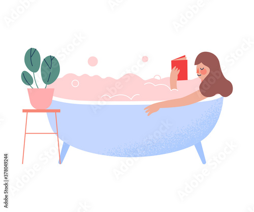 Young Woman Lying in Bathtub Full of Soap Foam and Reading Book, Person Relaxing, Reducing and Managing Stress Cartoon Style Vector Illustration