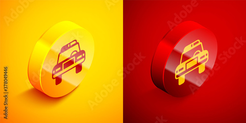 Isometric Police car and police flasher icon isolated on orange and red background. Emergency flashing siren. Circle button. Vector.