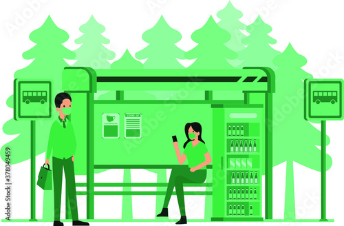 Masked man and woman are waiting the bus at bus stop while keeping their distance