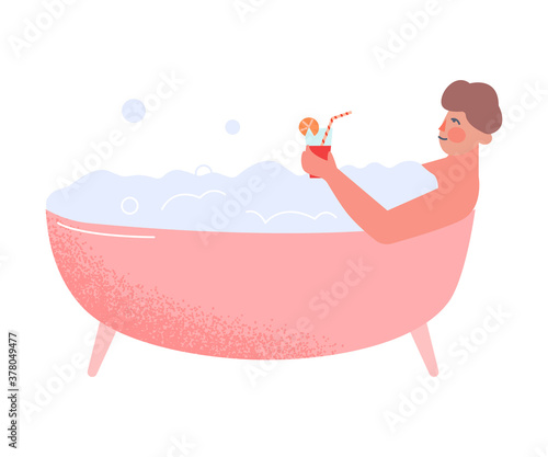 Young Man Lying in Bathtub Full of Soap Foam and Drinking Cocktail, Person Relaxing, Reducing and Managing Stress Cartoon Style Vector Illustration